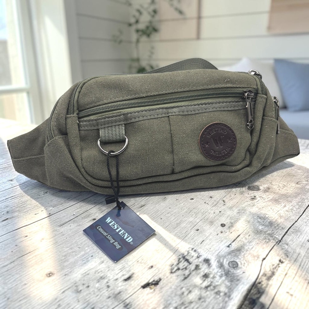 NWT Casual Sling Bag Westend Green Canvas Multi-Pocket Utility Fanny Pack D-ring
